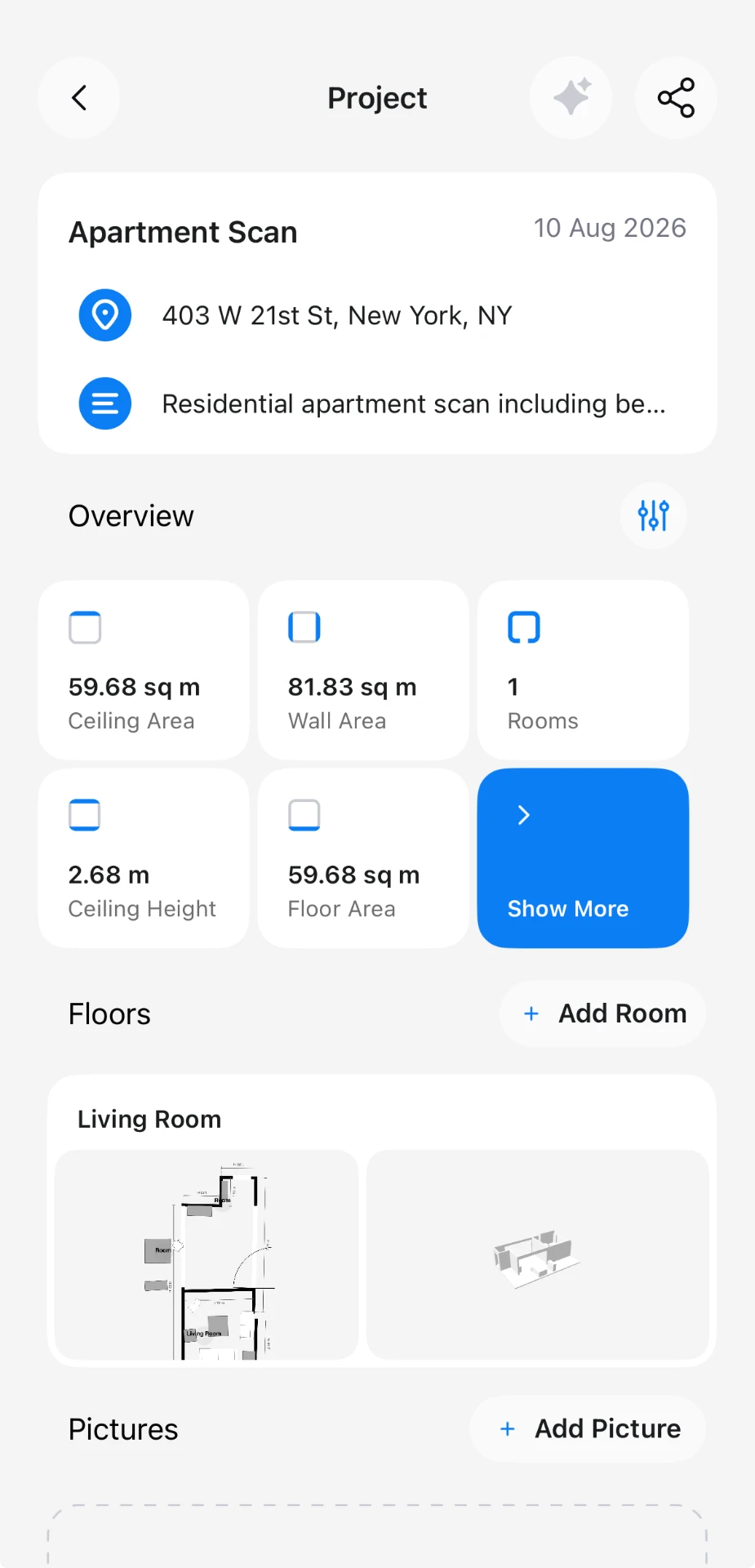 Omnos project screen with overview measurements, floors, pictures and files