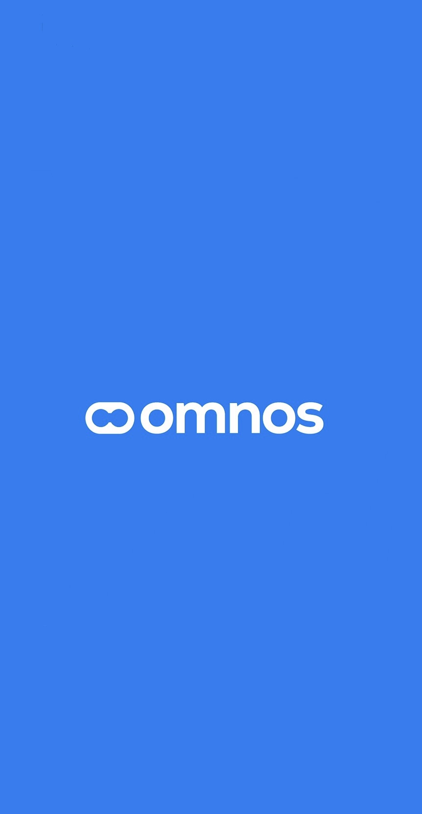 Omnos app launch screen with the Omnos wordmark on a blue background