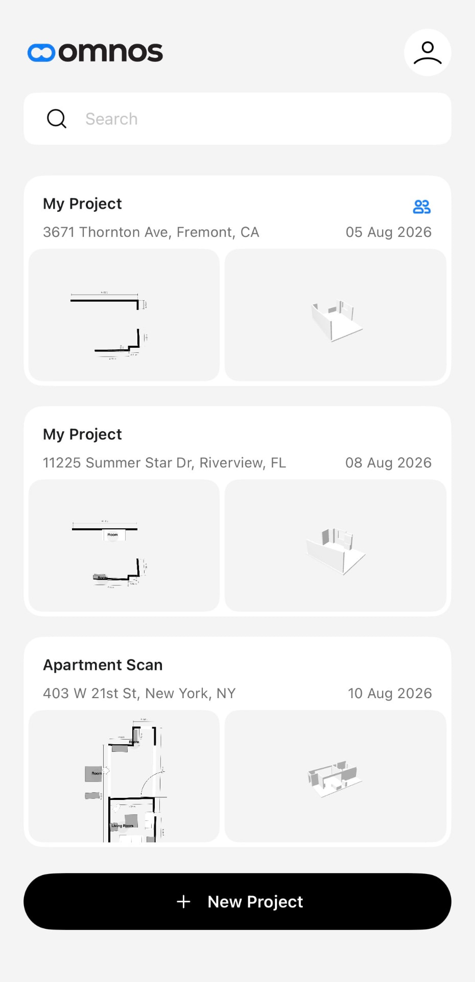 Omnos projects list showing property projects with floor plans and 3D models